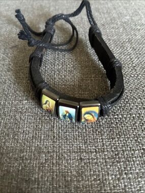 Religious Bead Black Leather Bracelet with Icon Tiles